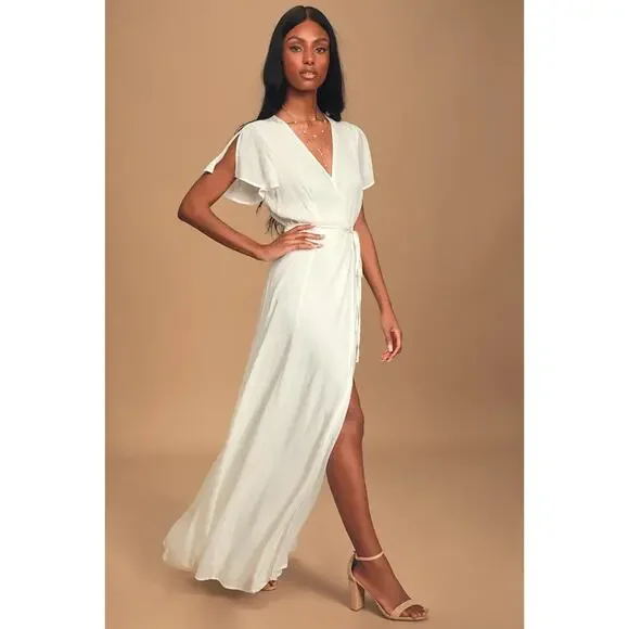 Lulus White Wrap Maxi Dress Flutter Sleeve Tie Waist Slit Boho Women’s M - Picture 3 of 15